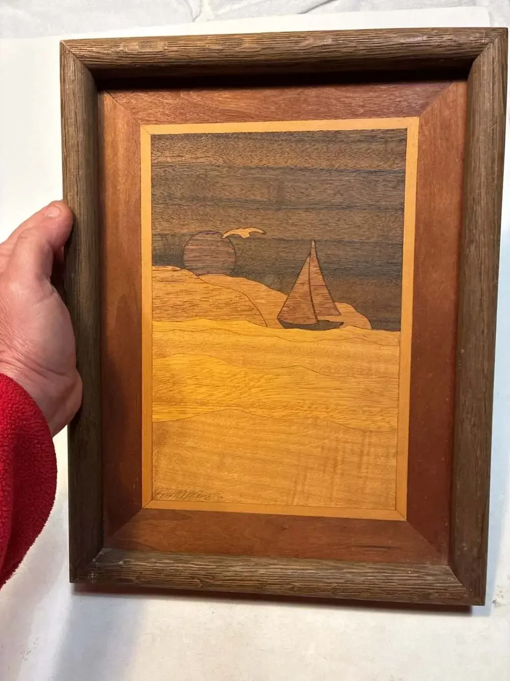 Robert A. Kitchens Vintage Marquetry Wood Inlay Sailboat Framed Art